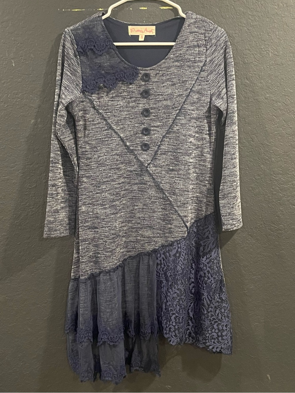 Pretty Angel Navy & Heather Gray Lace-Trim Asymmetrical Knit Dress
